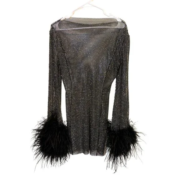 Santa Brands Black Rhinestone Ostrich Feather Mini Dress - Picture 4 of 11